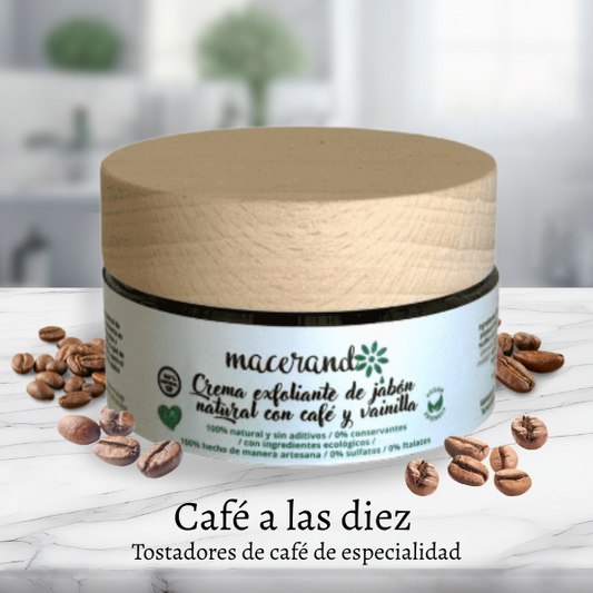 Crema de jabón exfoliante de café y vainilla tostada.