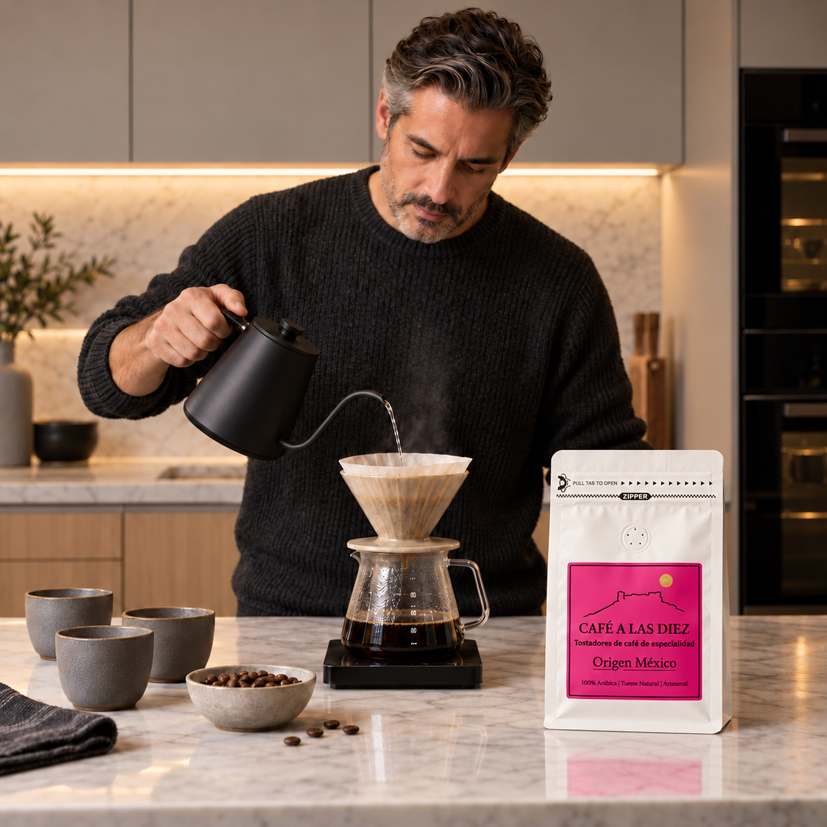 Café México Chiapas de Café a las diez en primer plano durante una preparación con V60